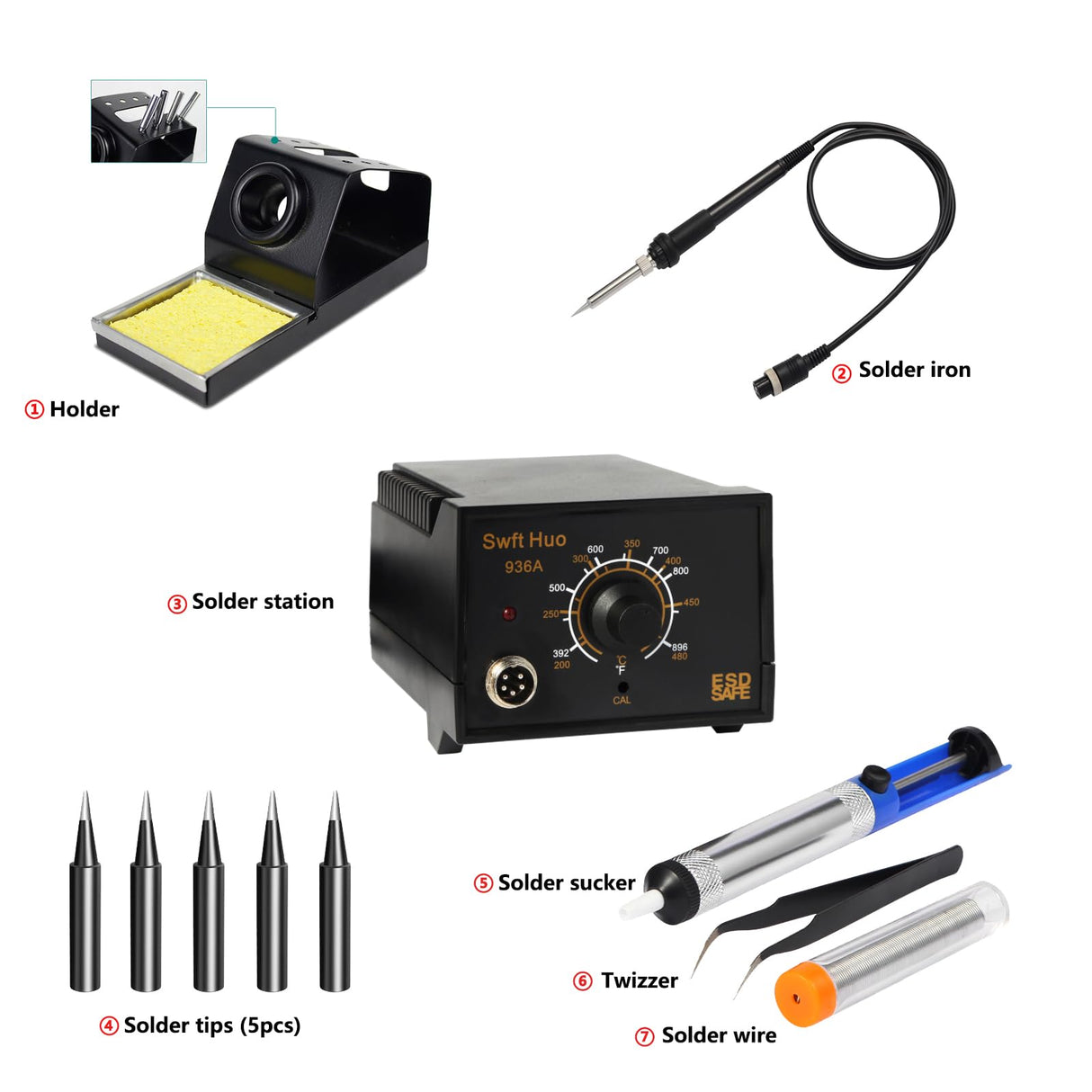 Soldering Iron Station, 936A 60W Soldering Station Kits with 5 Soldering Round Tips, Solder Wire, Tweezers, Desoldering Pump and Rework Station Kit for Electronics (Black) Swft Huo