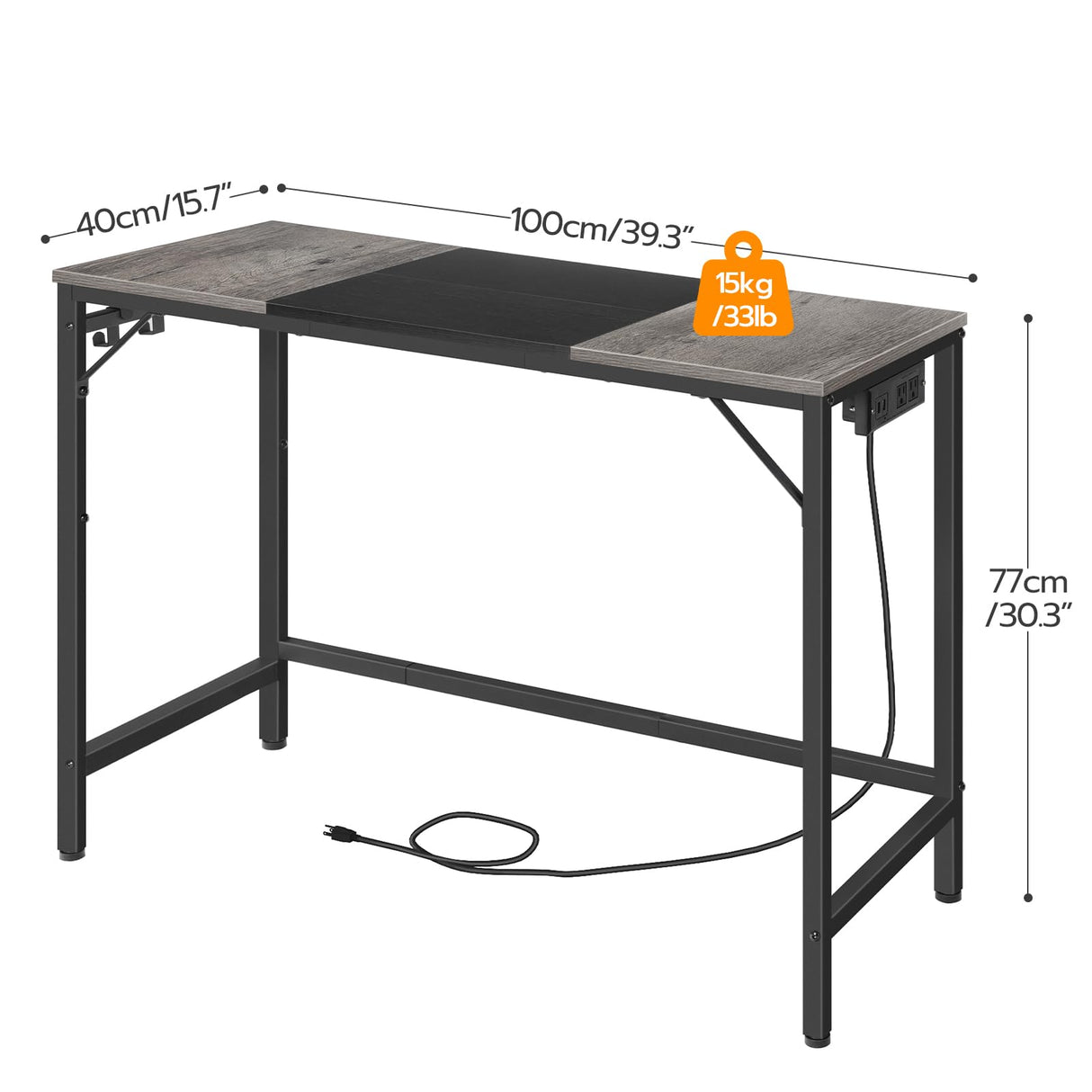 HOOBRO Computer Desk, Home Office Desk with Power Outlet, Modern Study Writing Desk with 3 Hooks for Study Room, Home Office, Sturdy and Stable, Easy to Assemble, Charcoal Gray and Black BC41UDN01 HOOBRO