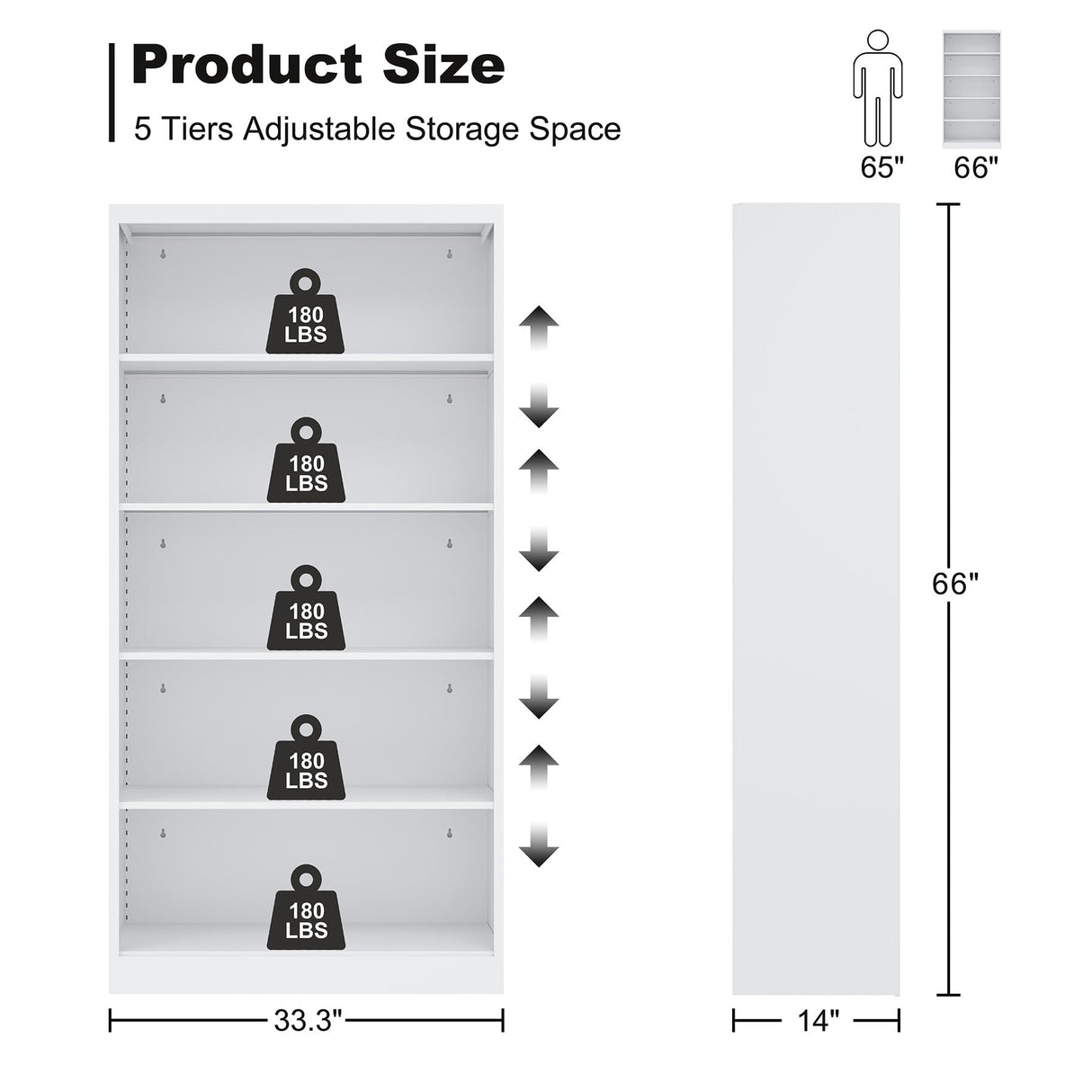 OSEILLC Bookcase,5 Tier White Bookshelves,66" Tall Free Standing Metal Bookcase with Adjustable Storage Shelves, Industrial Wide Bookshelf for Bedroom Living Room Home Office School OSEILLC