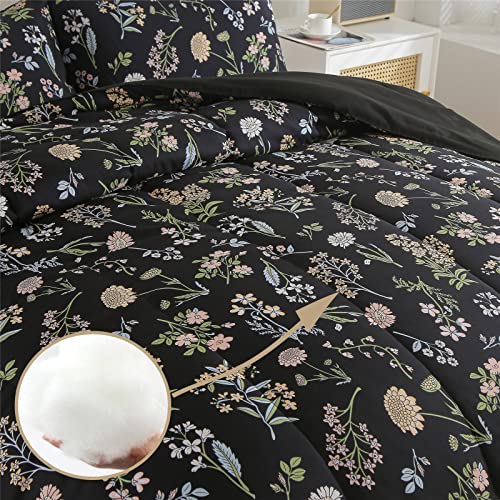 Floral Comforter Set King Size, Yellow Green Botanical Flower Leaves Printed Black Comforter for Kids Teen Women, 3 Piece Soft Microfiber Bedding Set with 2 Pillow Cases for All Season(Black,King) KAKIJUMN