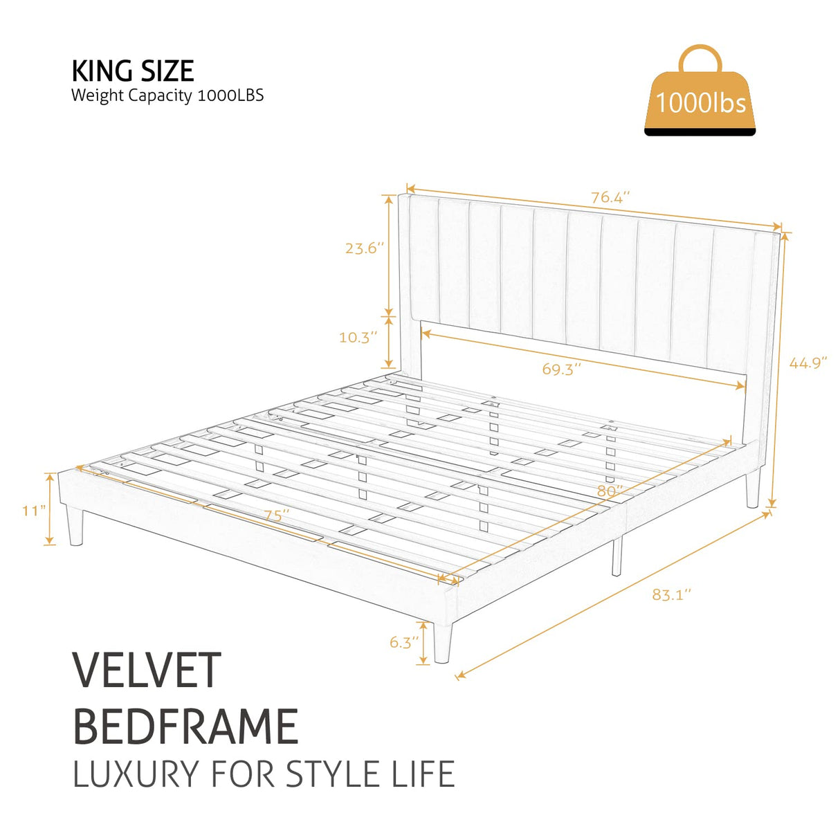 SHA CERLIN King Bed Frame/Velvet Upholstered Platform Bed Frame with Headboard/Strong Wood Slats Support/Mattress Foundation/No Box Spring Needed - Black SHA CERLIN