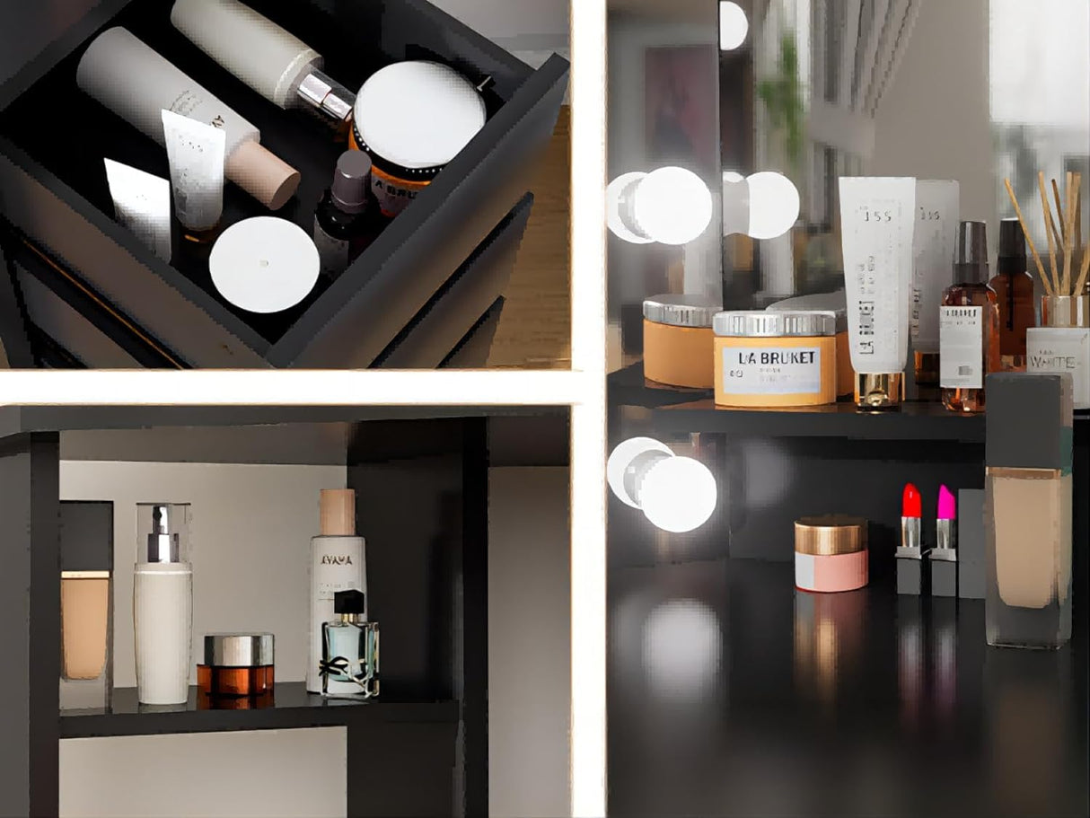 Corner Makeup Vanity Desk with Lighted Mirror - Bedroom Vanity Table Mirror with 5 Drawer and Storage Shelf, 3 Lighting Modes Adjustable, Makeup Table for Women Girls Black 44" Soldow