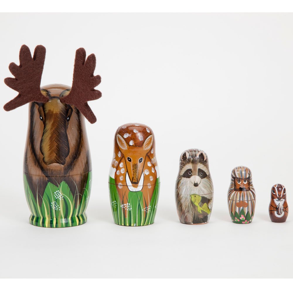 Bits and Pieces - "Woody and Friends" American Woodland Creatures Nesting Dolls - Hand Painted Wooden Animal Figurines - Set of 5 Bits and Pieces