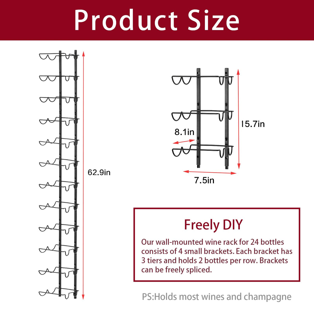 JKsmart 24 Bottles Wall Mounted Wine Rack, Adjustable Height Wine Rack Wall Mounted for Wine Bottles, Liquor, Champagne, Matte Metal Black Wine Wall Rack for Kitchen, Pantry, Bar, Wine Cellar JKsmart