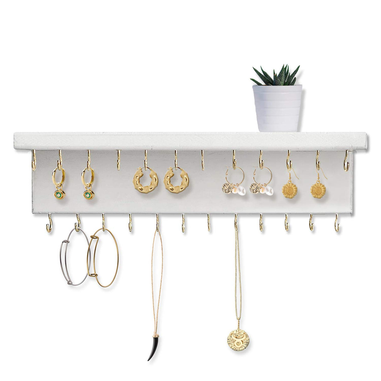 SANY DAYO HOME Jewelry Organizer with 30 Hooks and Cosmetics Shelf, 15 x 3 x 4 inches Wall Mounted Rustic Pine Wood Holder for Necklaces and Bracelets, Suitable for Kids and Adults (Retro White) SANY DAYO HOME