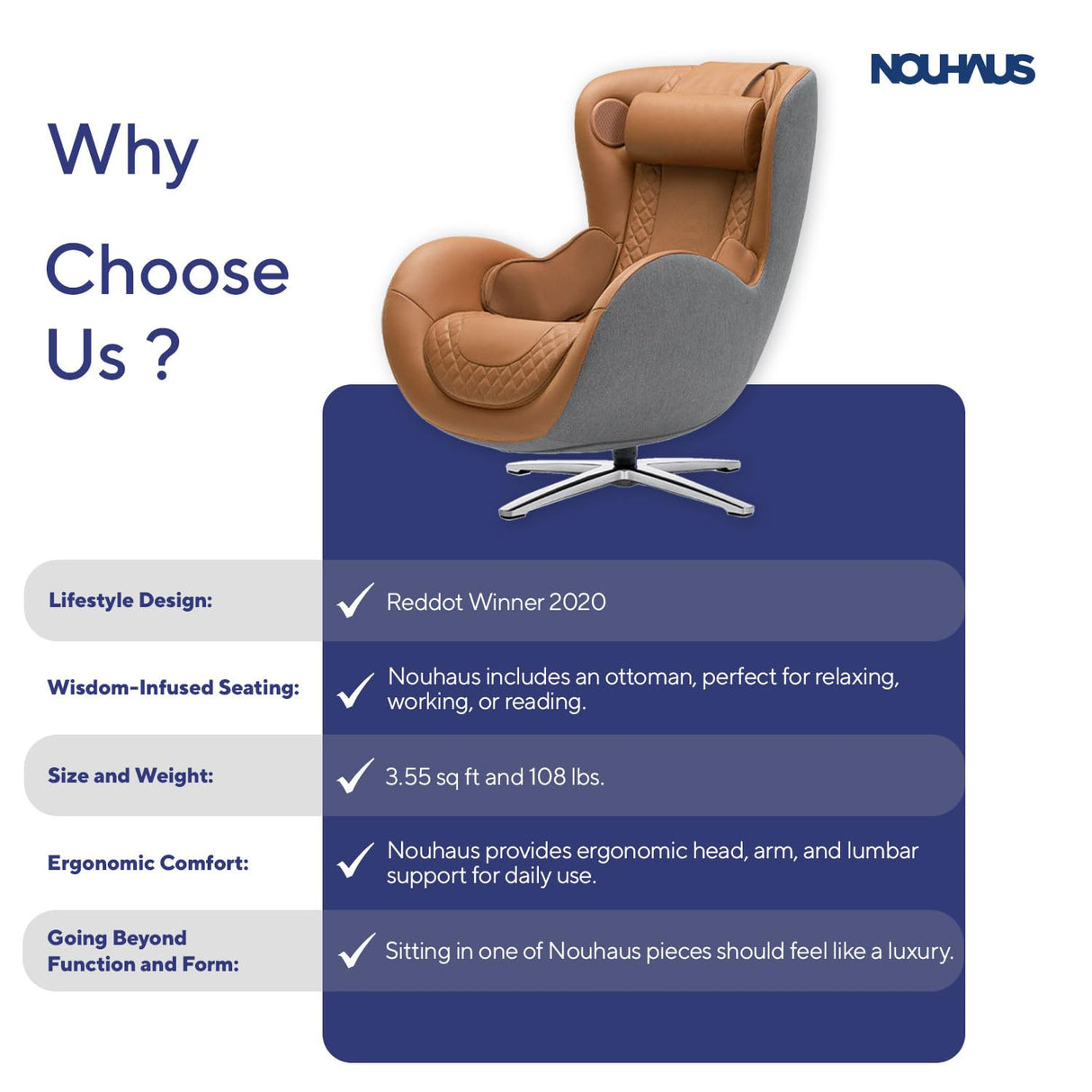 NOUHAUS Heated Classic Massage Chair Full Body and Spot Massaging Recliner with Ottoman, Bluetooth Speaker, in-Chair Charger. Portable Shiatsu Body Massager Chair (Caramel, Leather) Nouhaus