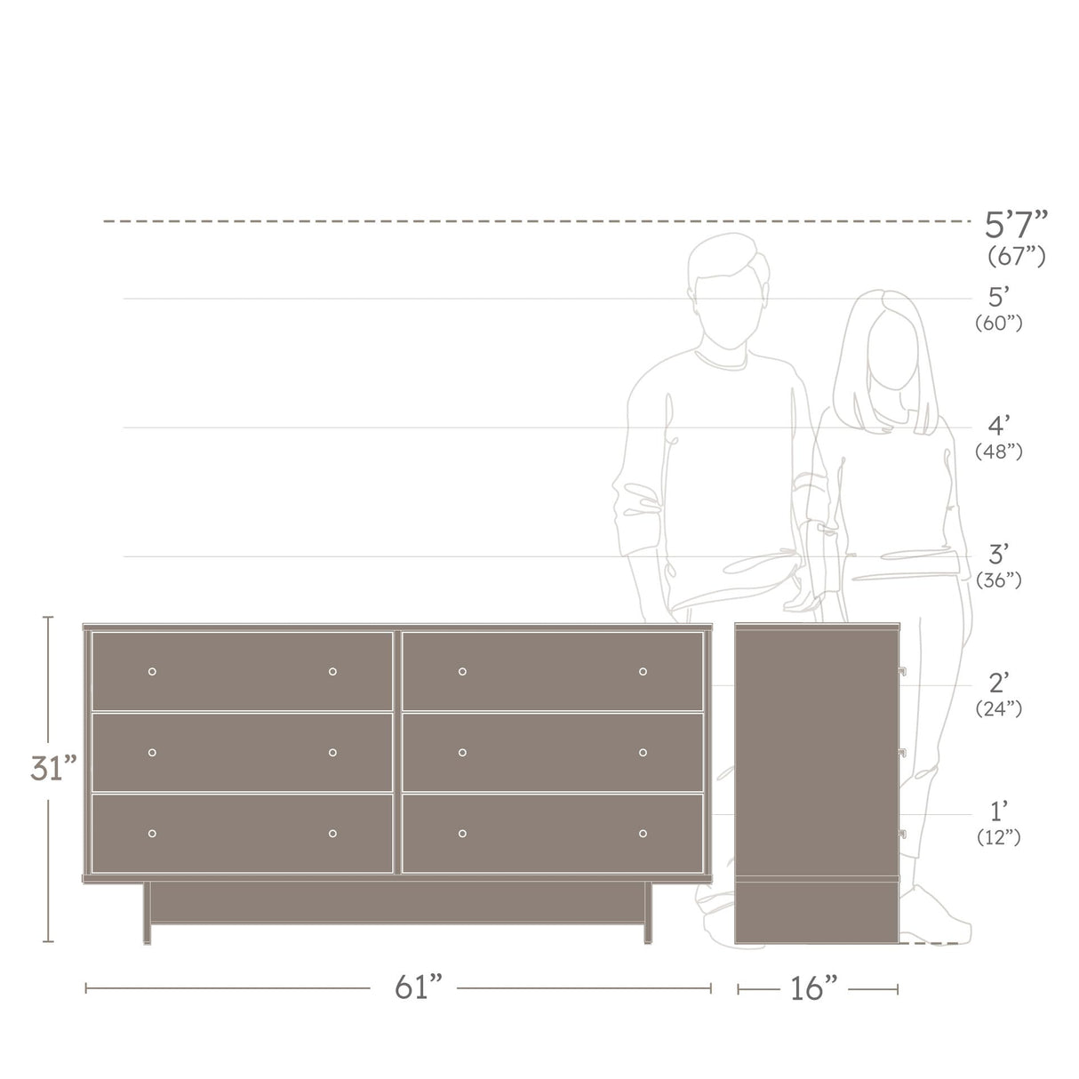 Prepac Finnley 6-Drawer Dresser in Natural Oak, Dresser for Bedroom, Extra-Wide Chest of Drawers with Storage, Modern Clothing Organizer for Home, Bedroom, Living Room, 16" D x 61" W x 31" H Prepac