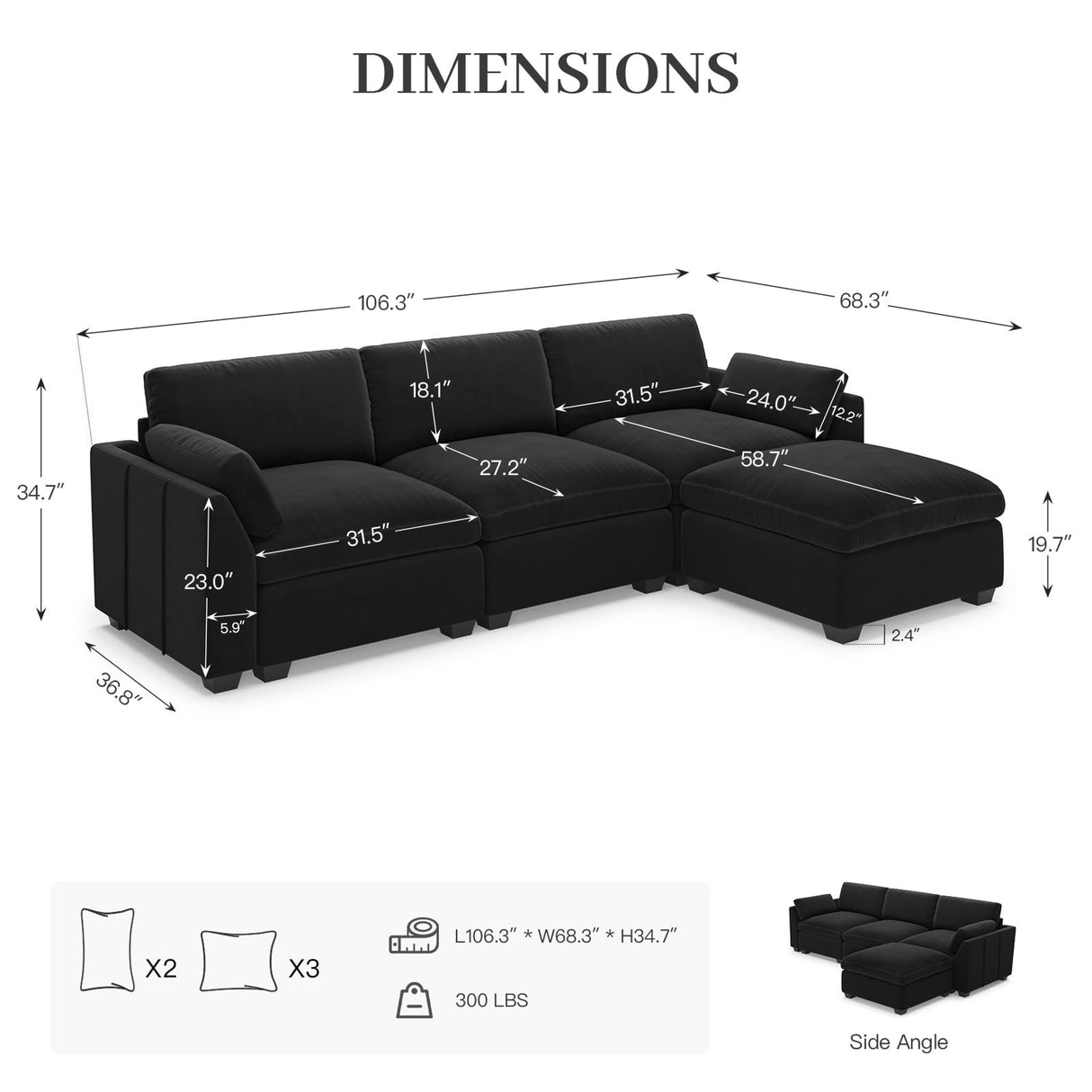 Belffin Extra Large Modular Sectional Sofa,106.3" 4-Seater L Shaped Couch,Velvet Convertible Sectional Couches for Living Room,Comfy Upholstered Modern Cloud Couch,Black Sofa Belffin