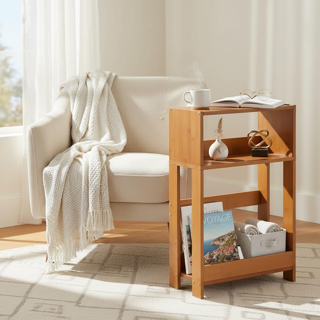 ZEXVIDA Narrow Side Table, 7 Inch Slim Bamboo Nightstand with 3-Tier Storage & Built-in Bookshelf, Small Space-Saving End Table for Living Room, Bedroom, Couch ZEXVIDA