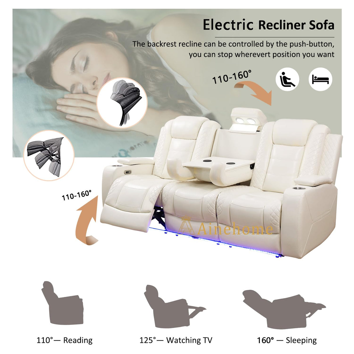 A Ainehome Power Leather Recliner Sofa Set with LED Lights, Recliner Sofa Sectional Couches for Living Room, Reclining Sofa and loveseat with USB Port/Storage Console(Creamy White,Sofa) A Ainehome