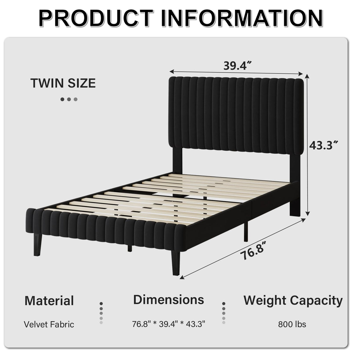 Twin Bed Frame, Velvet Upholstered Platform Bed with Vertical Channel Tufted Headboard and Footboard, No Box Spring Required, Easy Assembly, Black BarnFurin