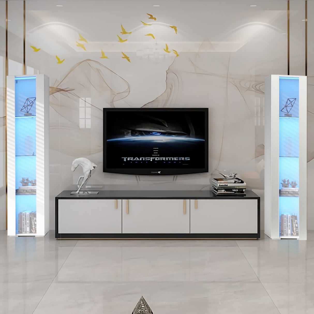 Pvillez 67" Modern LED Display Cabinet with 4 Glass Shelves - Stylish High Gloss Storage for Living Room, Bedroom, or Office (White) Pvillez