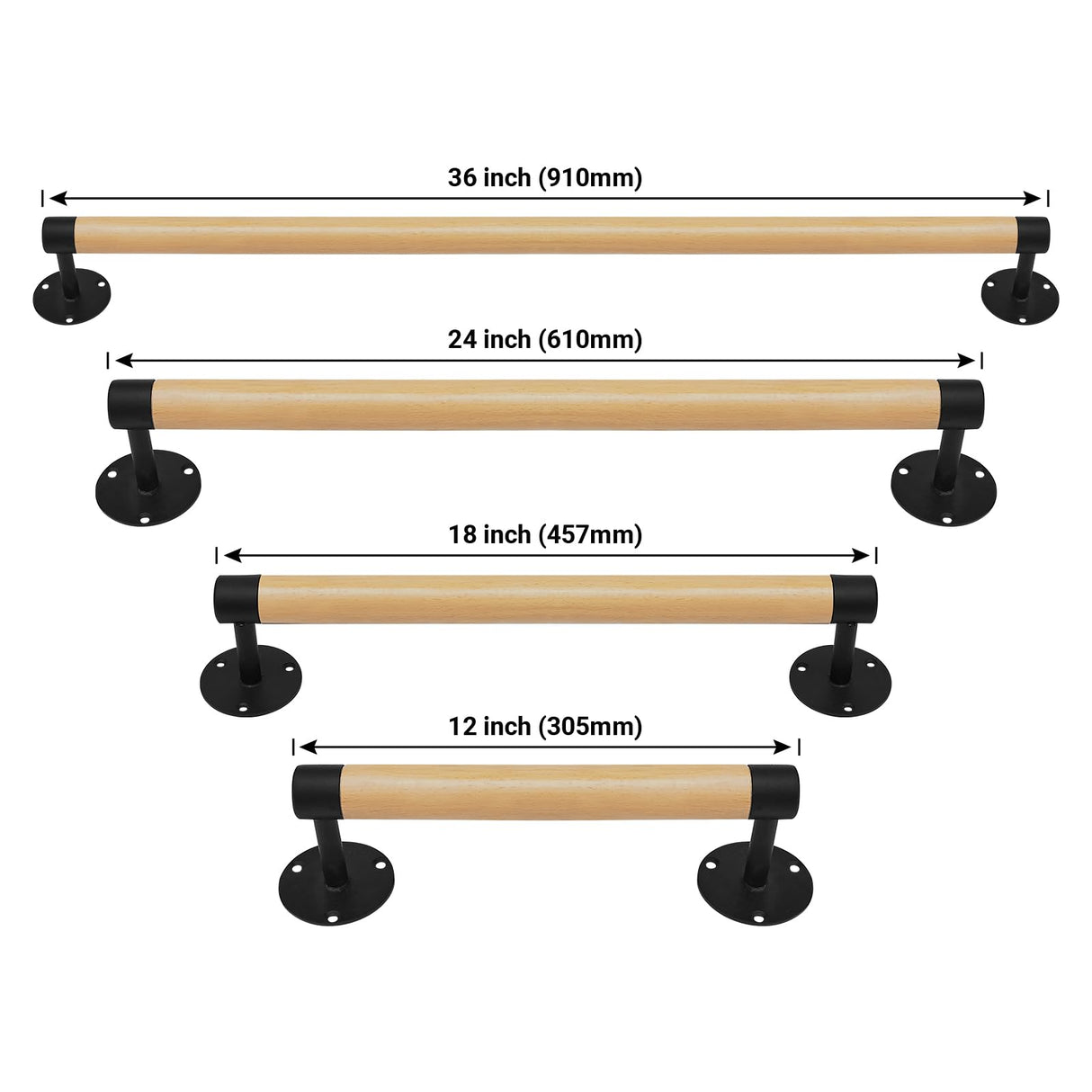 Purife 1ft Wood Handrail for Indoor Stairs, Wood Staircase Handrail W/s Black Sturdy Metal Brackets, Stair Banister Rrailing Wood Safety Grab Bar for Elderly & Kids Purife