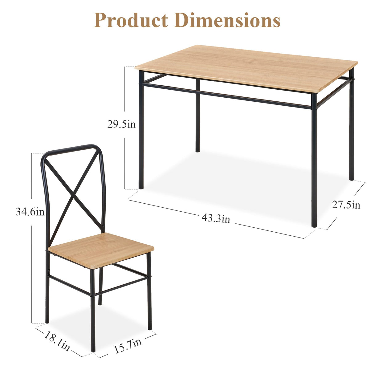 VECELO 5-Piece Kitchen Dining Table Set, Wood Tabletop & Heavy-Duty Metel Frame, Rectangle Dinette with 4 Chairs for Small Space, Breakfast Nook, Natural & Black VECELO