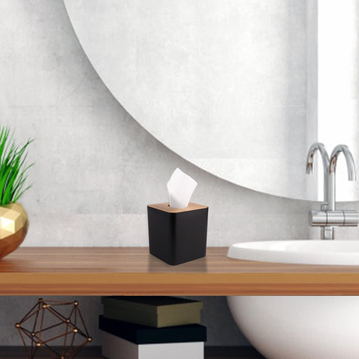 Tissue Box Cover,Tissue Holders,Tissue Box Holder for Bathrooms,Bamboo Cover Plate,Home and Office,5 * 5 * 5.4in (Black) MOCHTERO