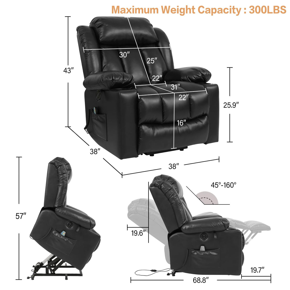 PARKOL Power Lift Recliner Chair for Elderly Breathable Leather Recliner Chair with Massage and Heat,2 Cup Holders,Electric Stand Assist,USB Ports,Gifts for Family (Black) PARKOL