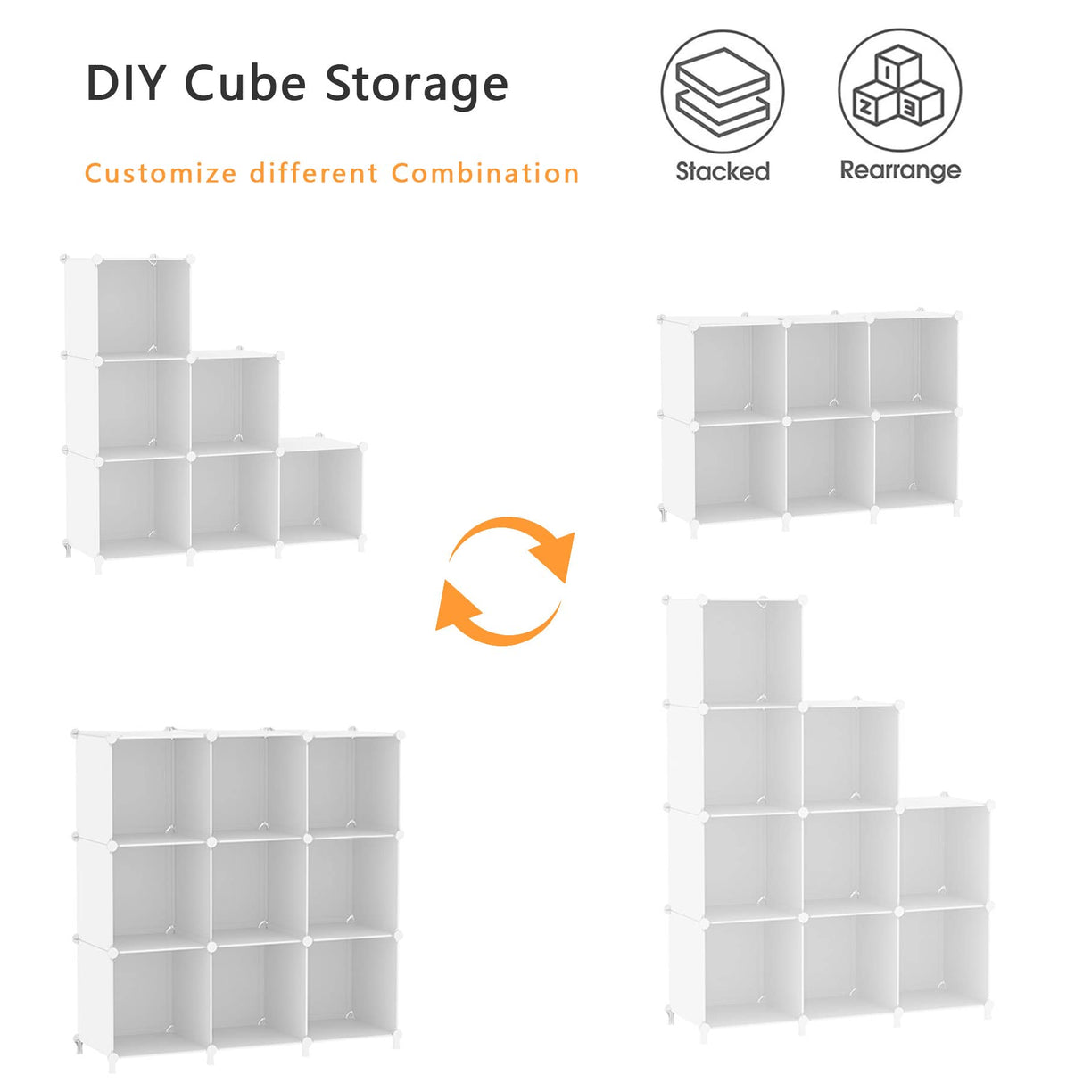 AWTATOS Cube Storage Organizer, Storage Cubes Shelves Bookshelf, 6 Cube Closet Organizers and Storage, DIY Stackable Plastic Clothes Organizer Shelving for Bedroom, Home, White AWTATOS
