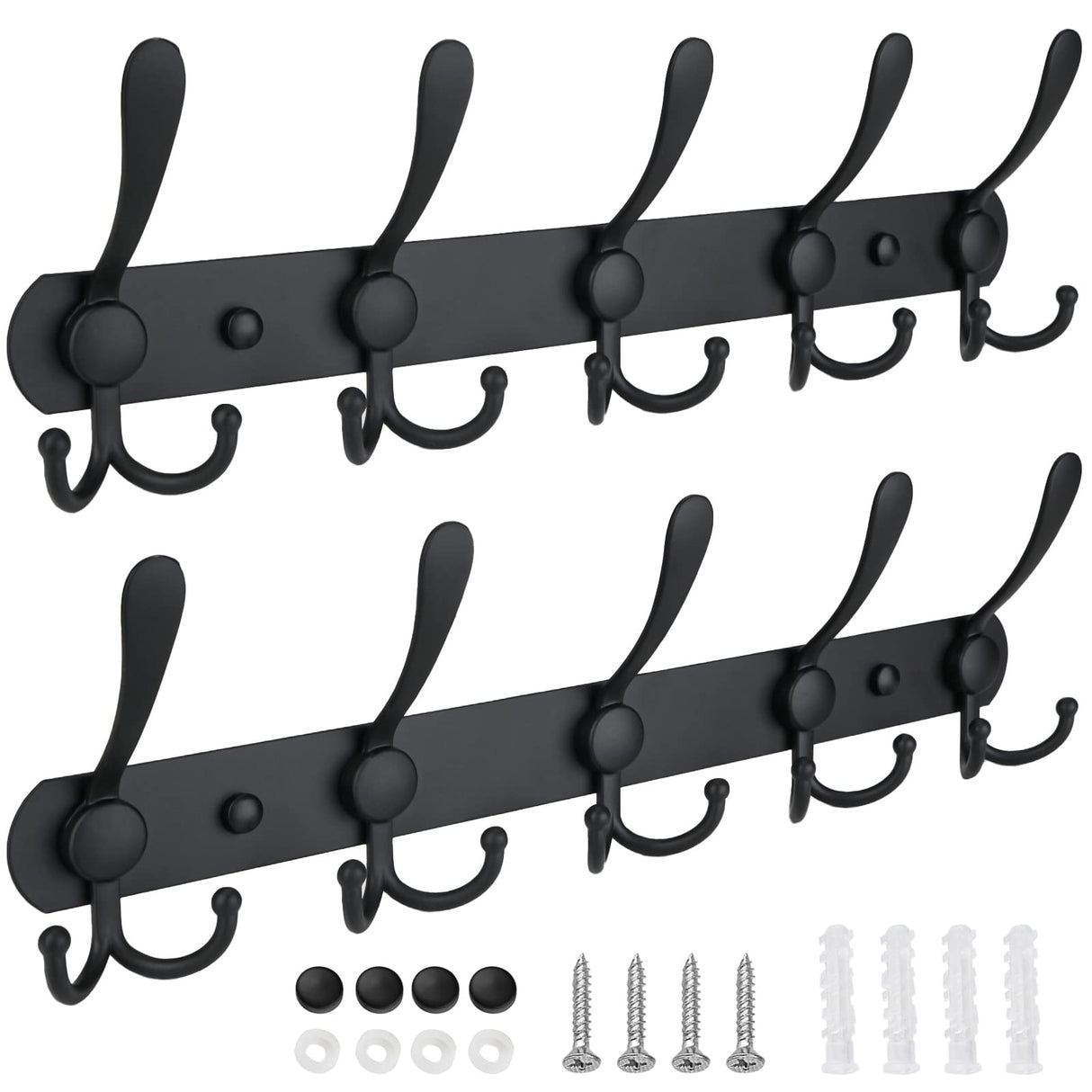 TICONN Wall Mounted Coat Rack, Five Heavy Duty Tri Hooks All Metal Construction for Jacket Coat Hat in Mudroom Entryway (Matte Black, 2-Pack) TICONN