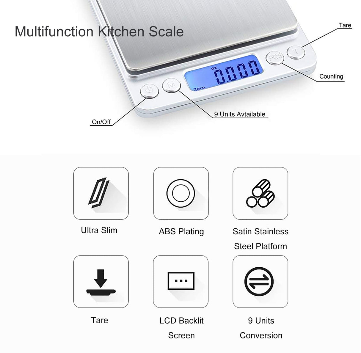 JOEAA Food Scale Digital Weight Grams and Ounces, 0.001oz/0.01g 500g Kitchen Scale for Food with Backlight LCD Display, Tare, 9 Units, Auto Off, 2 Trays, Batteries Included - Stainless Steel JOEAA
