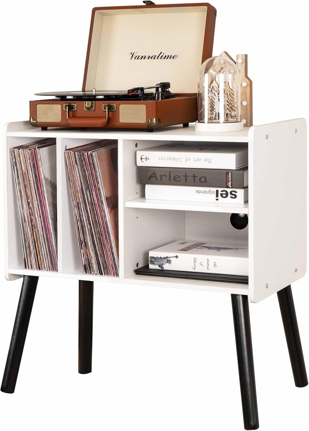 UODERS Record Player Table, Mid-Century Record Player Stand with Vinyl Storage Hold Up to 150+ Albums, Vinyl Record Cabinet with Adjustable Shelves, Wood Turntable Stand for Music Living Room (White) UODERS