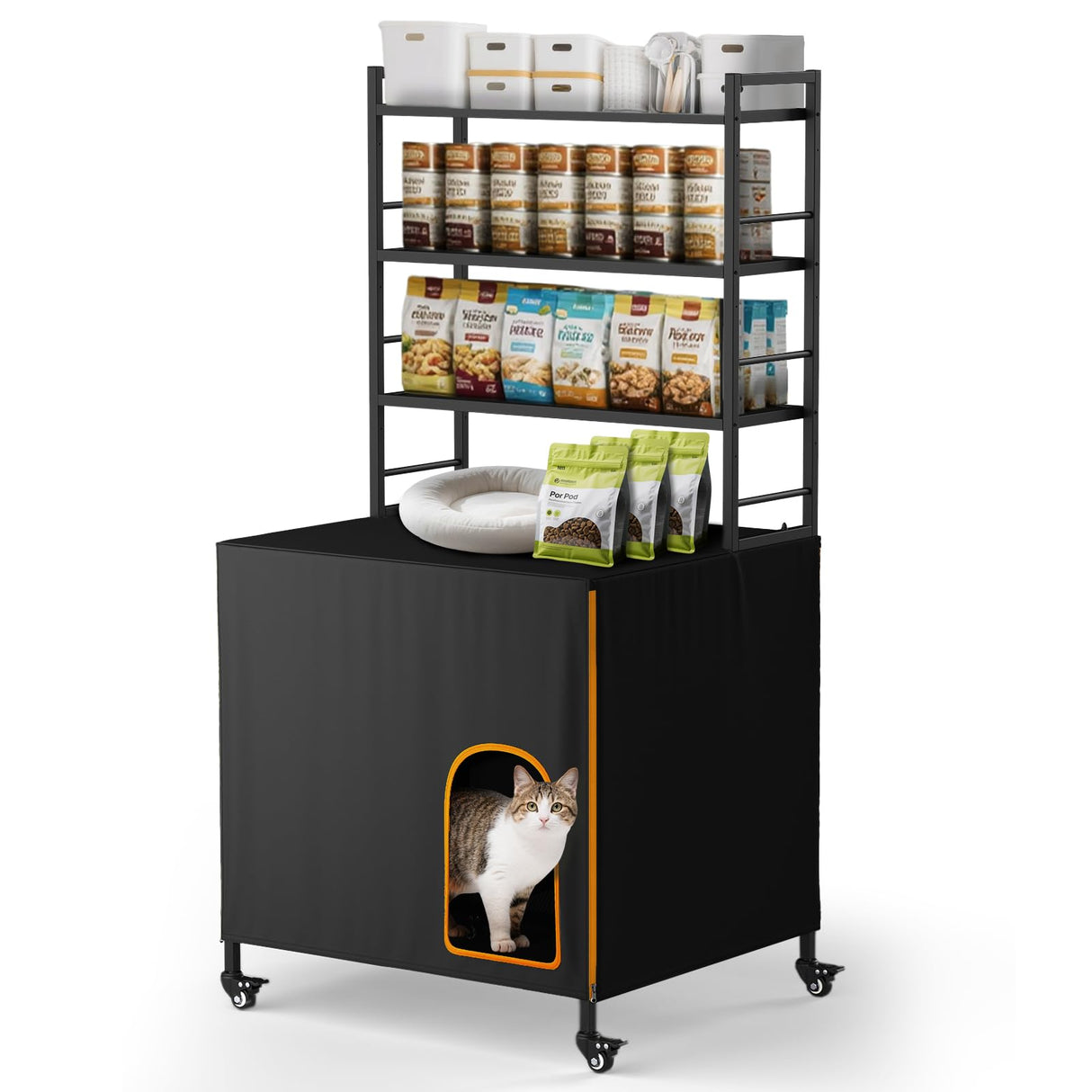 Lekereise Cat Litter Box Enclosure, Large Hidden Litter Box Furniture with Removable Waterproof Cover, Kitty Litter Box Furniture with 3-Tier Adjustable Shelves Storage and Wheels (70.87”H, Black) Lekereise