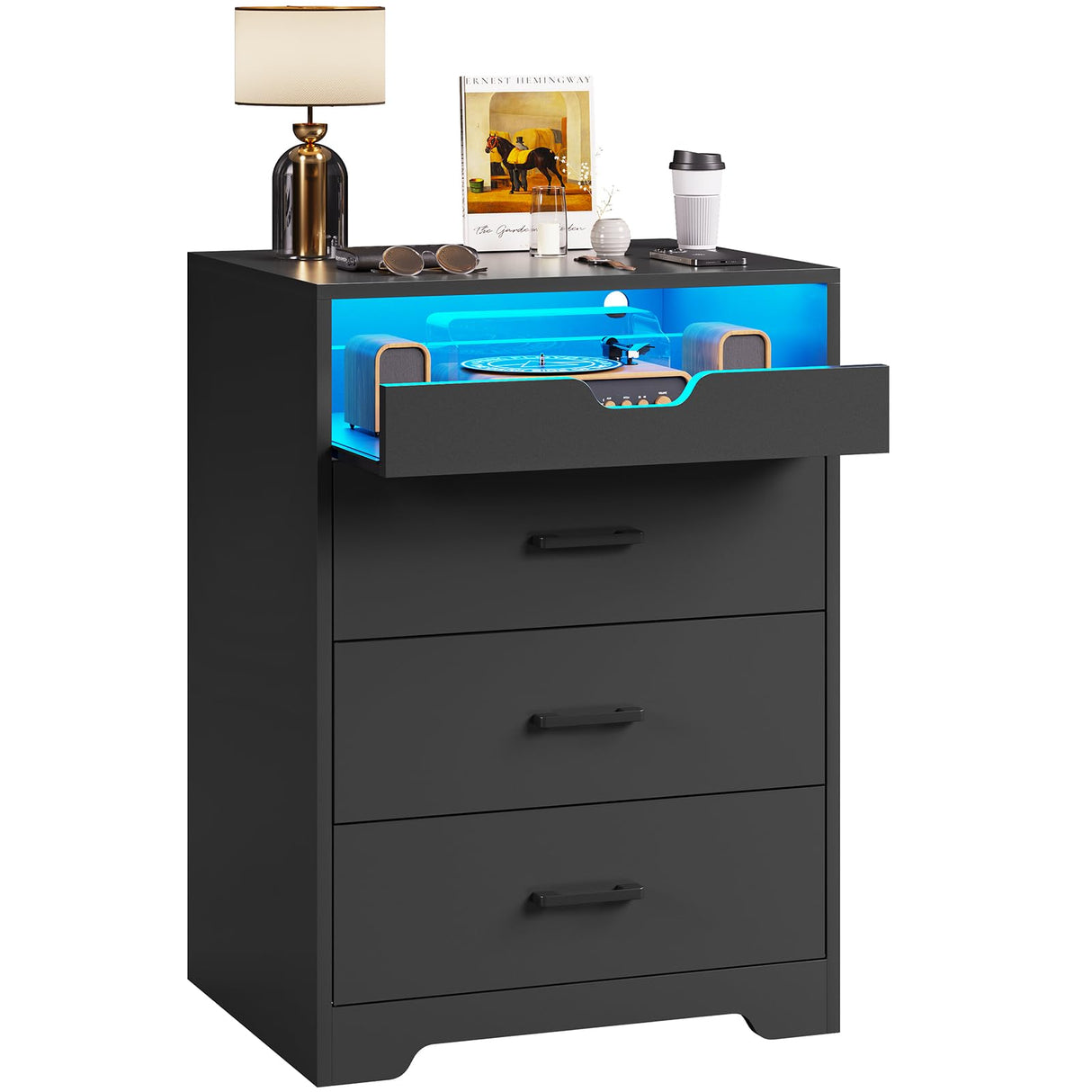 Hasuit Dresser with LED Lights for Bedroom, Tall Dresser with 3 Drawers and Pull-out Tray, Black Chest of Drawers Bedroom Storage Organizer, Dimensions 15.6" D x 21.7" W x 30.1" H Hasuit
