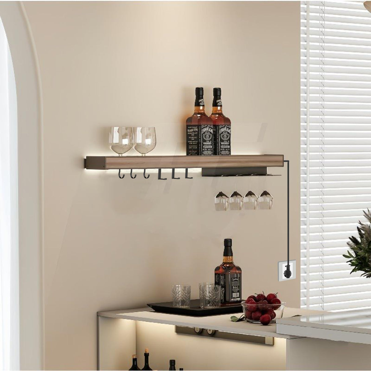 Floating Display Shelf with LED Light, 39 Inch Wall Mounted Wine Rack, Bar Unit Floating Shelves with 4 Wine Glass Holder, Light-Emitting Storage Display Stand for Entrance Kitchen Dining Room SLVUAFRN