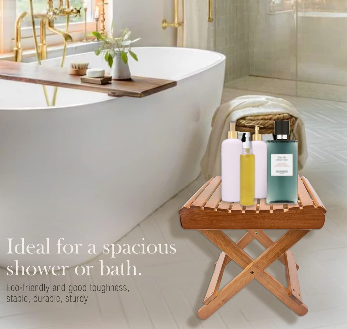 LOYPP Folding Bamboo Stool for Shower, Leg Shaving and Foot Rest, Natural Bamboo Folding Stool, Folding Bamboo Shower Seat, Fully Assembled, 12 Inch High LOYPP