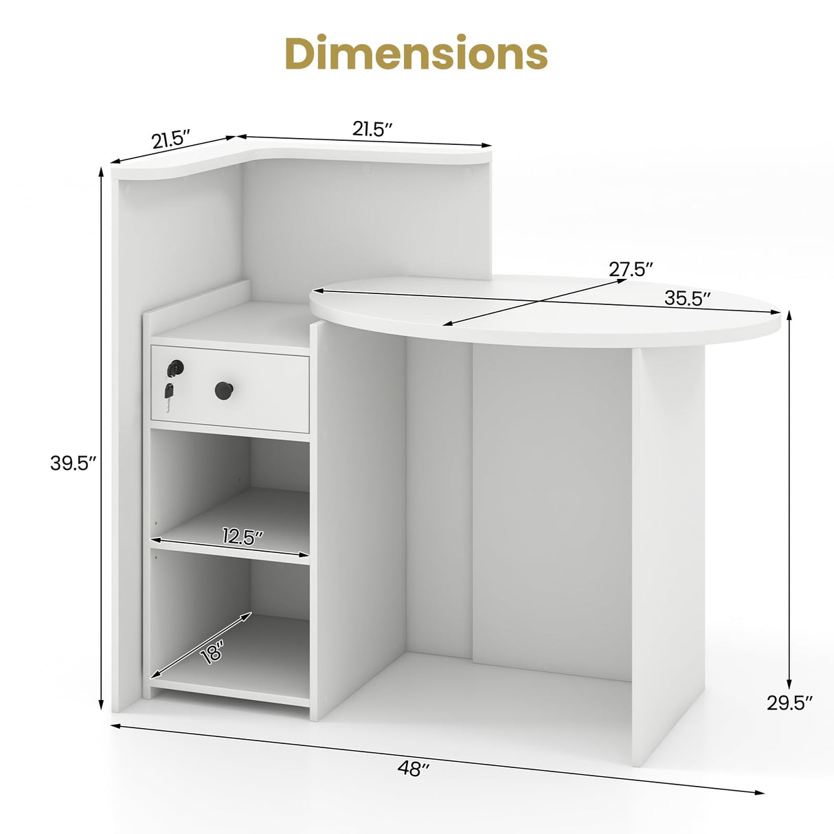 SILKYDRY Reception Desk, Small Retail Checkout Counter with Lockable Drawer and Open Shelves, Wooden Front Desk Reception Counter, Oval Desktop & L Counter for Store Office Lobby Salon (White) SILKYDRY