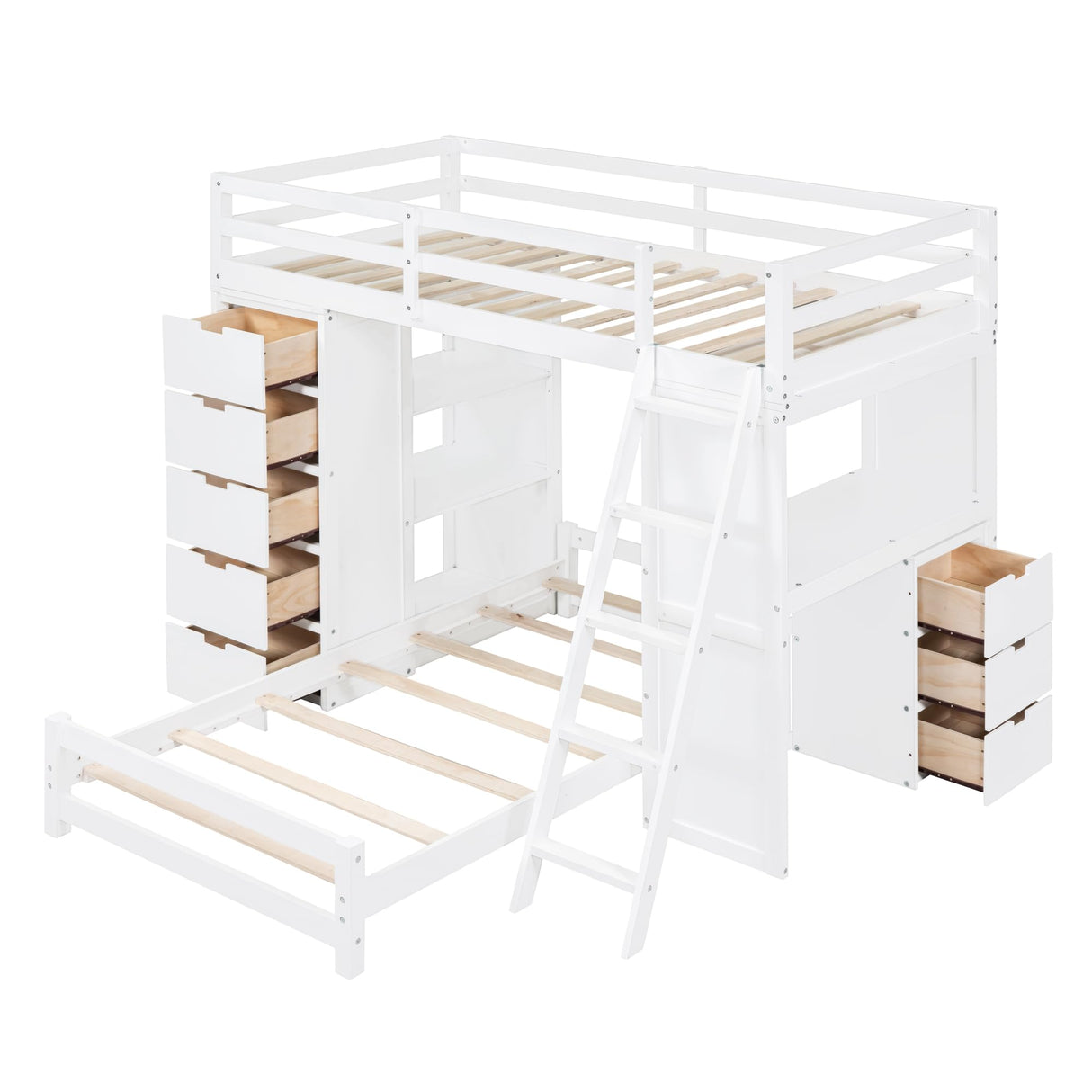 CITYLIGHT Twin Over Twin Bunk Beds with Storage,Desk,USB Ports and LED Light,Wood Twin Loft Bed with Movable Lower Bed,L Shaped Bunk Bed for Kids,Teens,Adults,No Box Spring Needed (White) CITYLIGHT