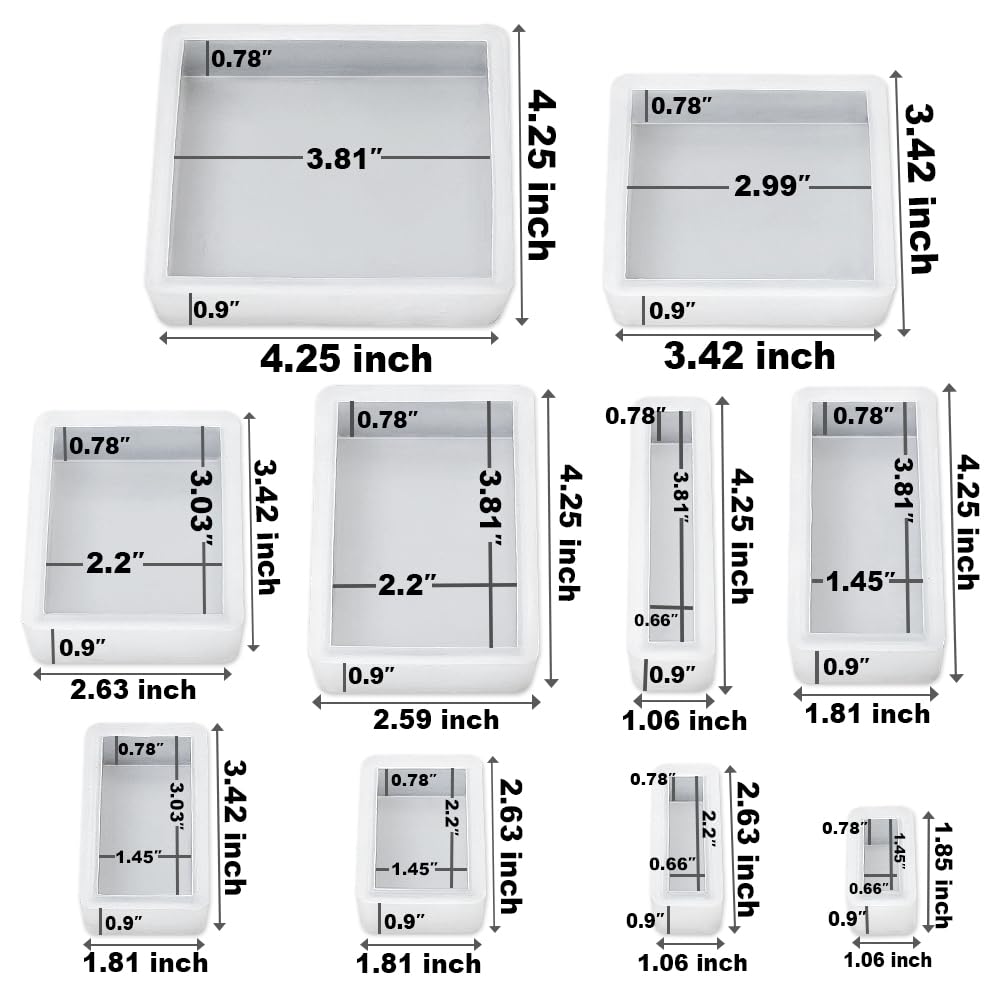 RESINWORLD Upgraded 10 Sizes Epoxy Resin Molds Silicone Kit, Square Rectangle Silicone Molds for Resin, Soap, Candles, Specimen, Dried Flower ResinWorld