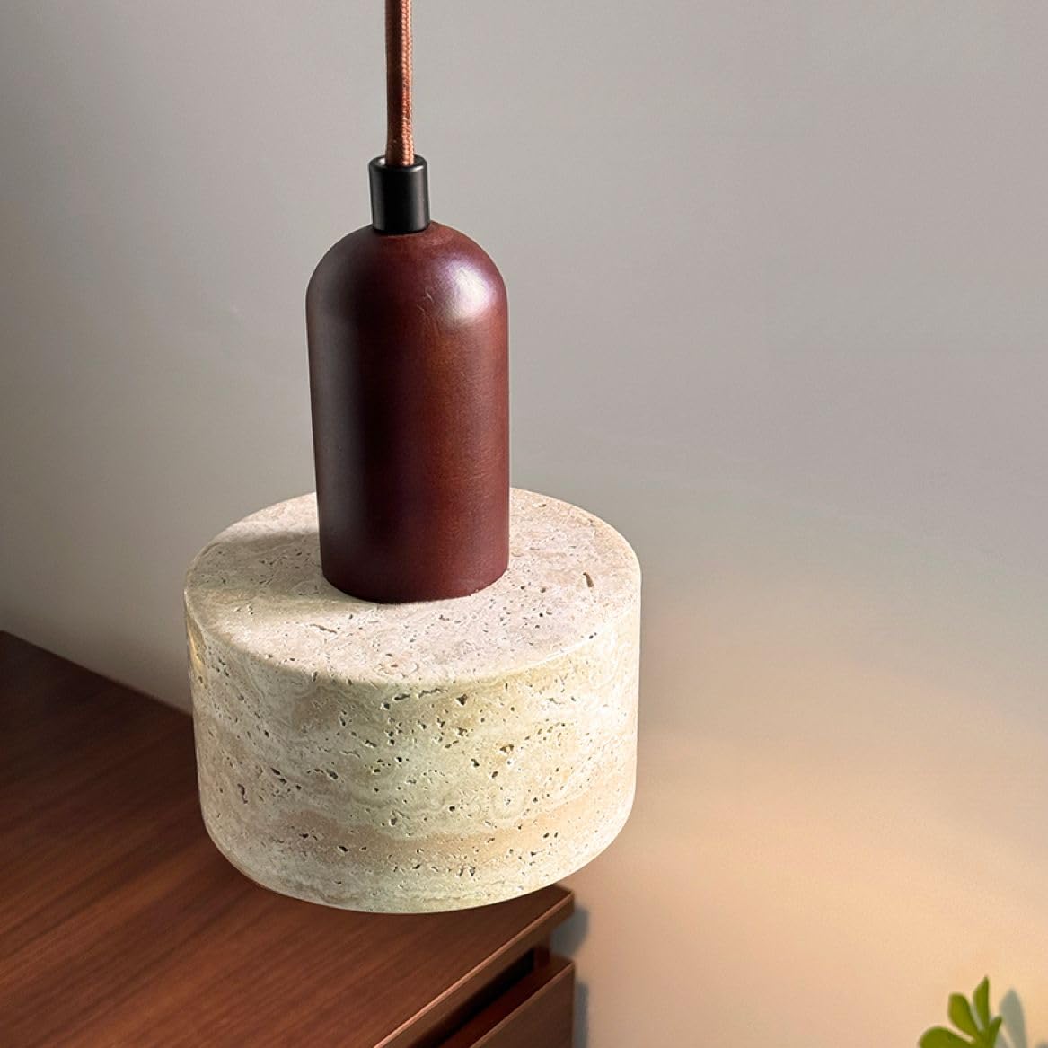 SEEAIRSHOP Natural Stone Shade Cylinder Pendant Light Walnut Wood Hainging Light Kit Retro Mini Pendant Lamp Nordic Pendant Lighting for Kitchen Island SEEAIRSHOP