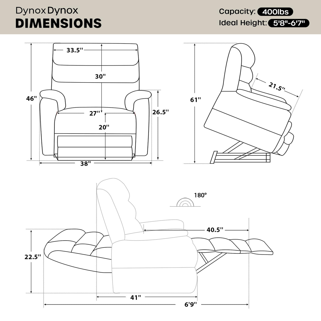 DYNOX 400 LBS Big Tall Man Large-Wide Power Dual Motor Lift Recliners Chairs for Elderly, Lay Flat Lift Chair with Infinite Positions, Heat & Massage, Extended Footrest (9298L,Chenille,Beige) DYNOX