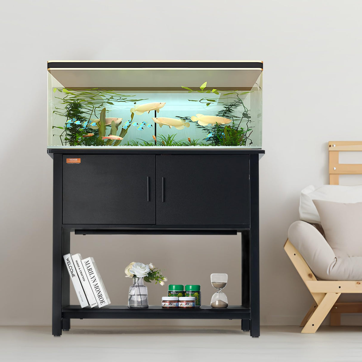 VEVOR Aquarium Stand, 40 Gallon Fish Tank Stand, 36.6 x 18.9 x 31.5 in Steel and MDF Turtle Tank Stand, 335 lbs Load Capacity, Reptile Tank Stand with Storage Cabinet and Embedded Power Panel, Black VEVOR