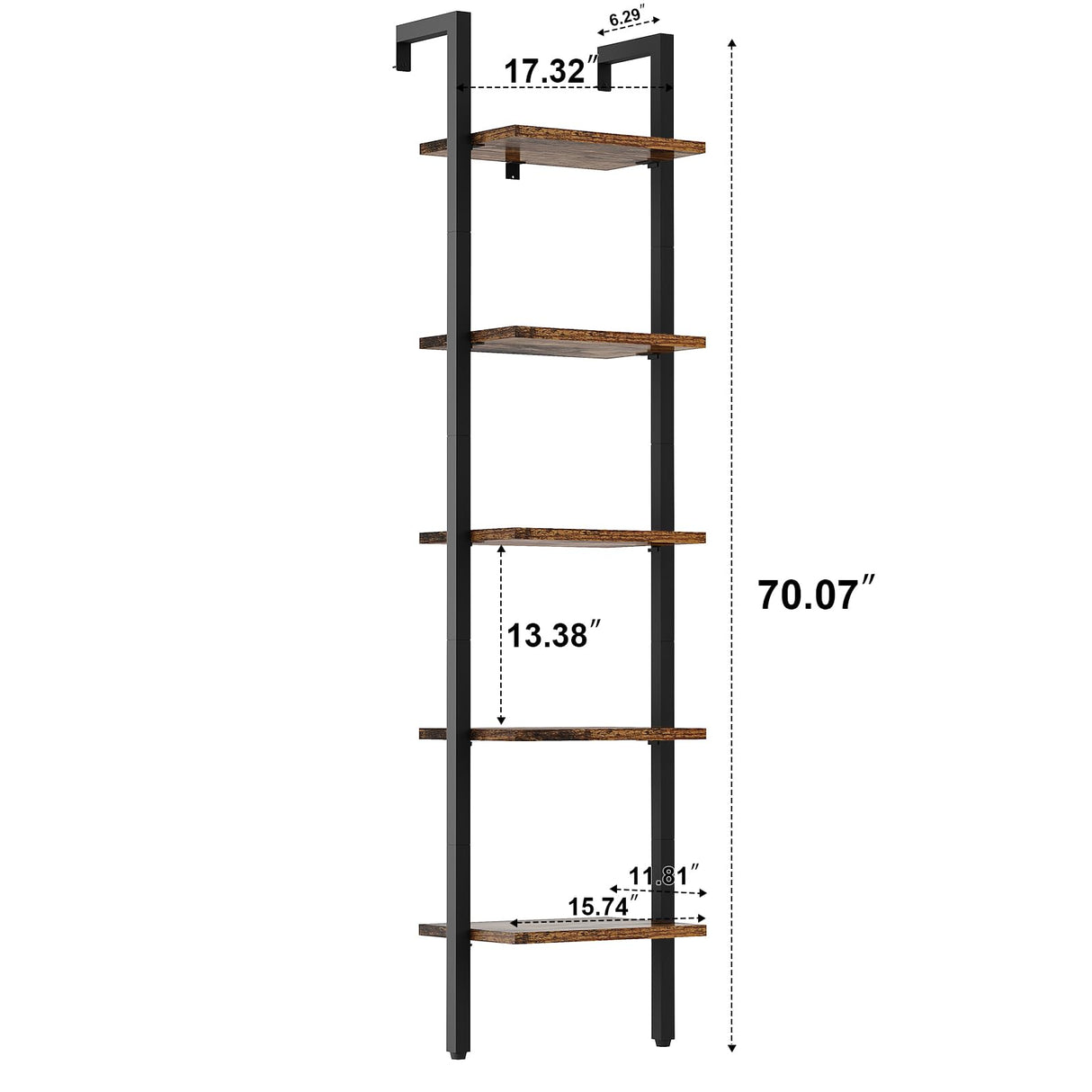 YMYNY 5 Tiers Ladder Bookcase, Industrial Wall Mounted Bookshelf, Open Display Rack with Metal Frame, Wooden Storage Shelves for Bedroom, Home Office, Plant Stand, Rustic Brown, 70*17.3*11.8"UHBC015H YMYNY