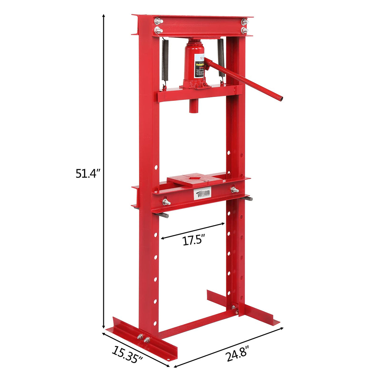 TUFFIOM 12-Ton Hydraulic Shop Press with Press Plates, H-Frame Garage Floor Press, Adjustable Working Table Height, 24.8”L x 15.35”W x 51.4”H TUFFIOM