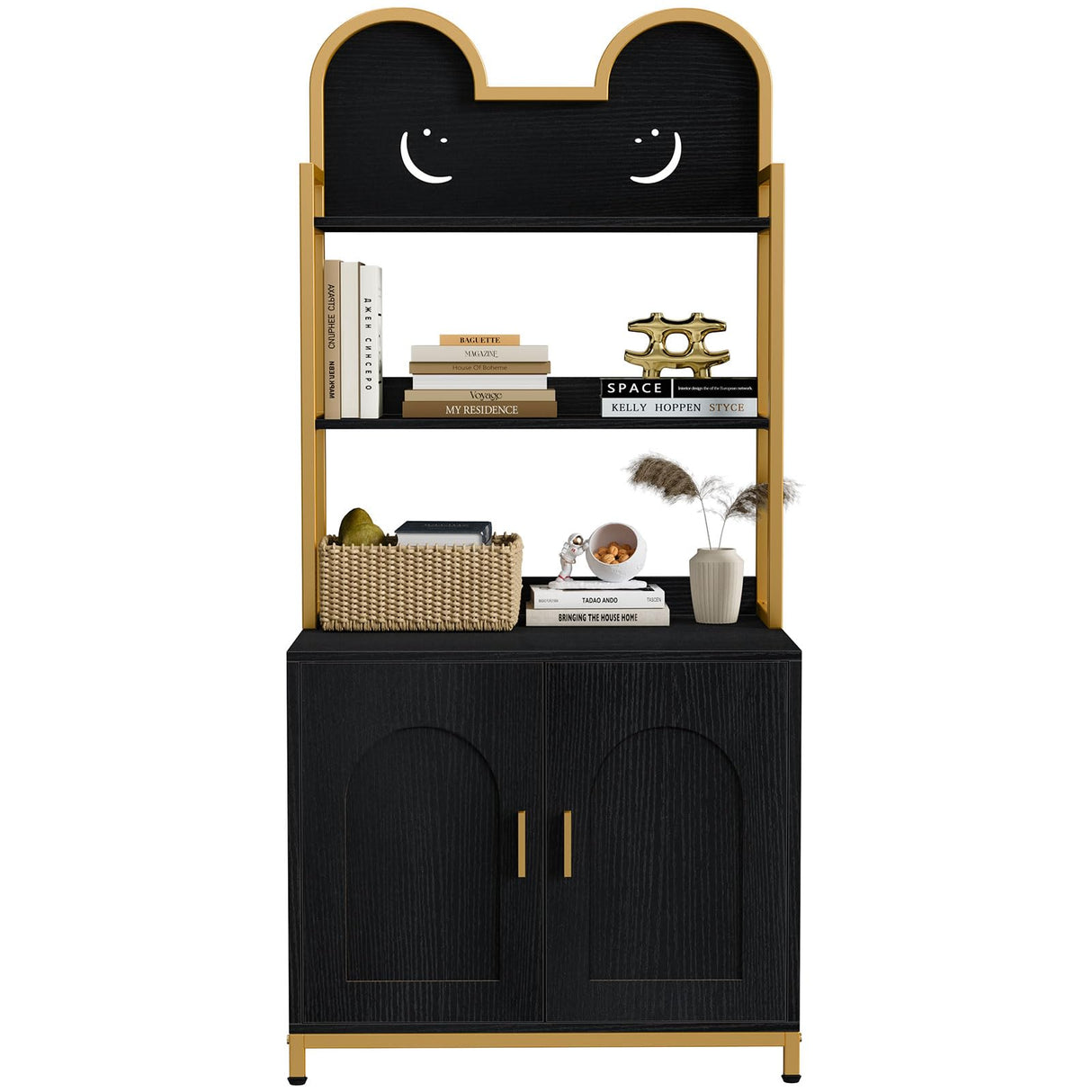 Snughome Cat Litter Box Enclosure with Storage Shelves, Indoor Hidden Cat Litter Box Enclosure Furniture, Wooden Cat Washroom Furniture Cabinet with Metal Frame, Modern Style, Black and Gold Snughome