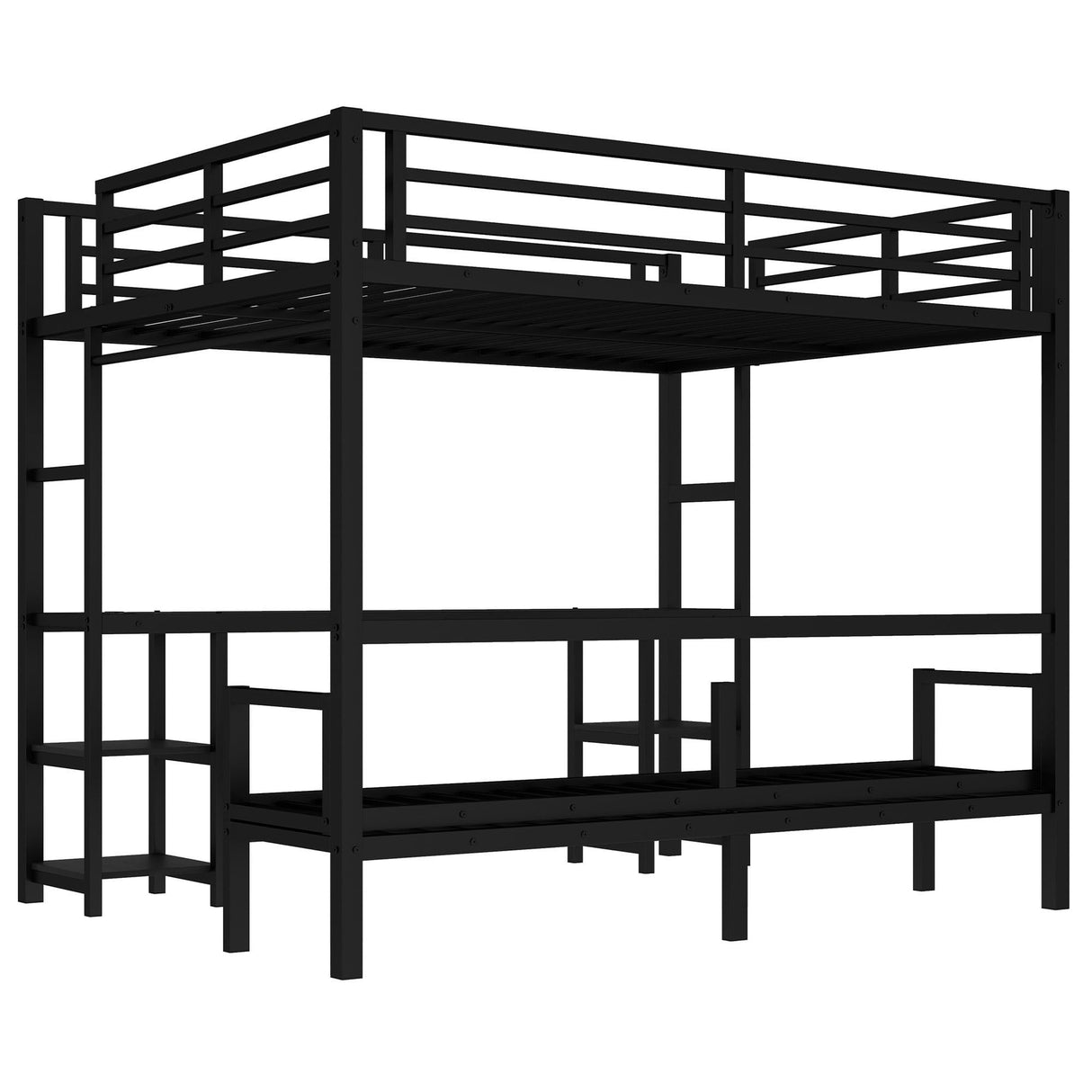 SOFTSEA Queen Over Twin XL Metal Bunk Bed with Desk and Shelves, Metal Bed Frame with LED and USB, Multiple Uses Folds into Sofa, No Box Spring Needed, Black SOFTSEA