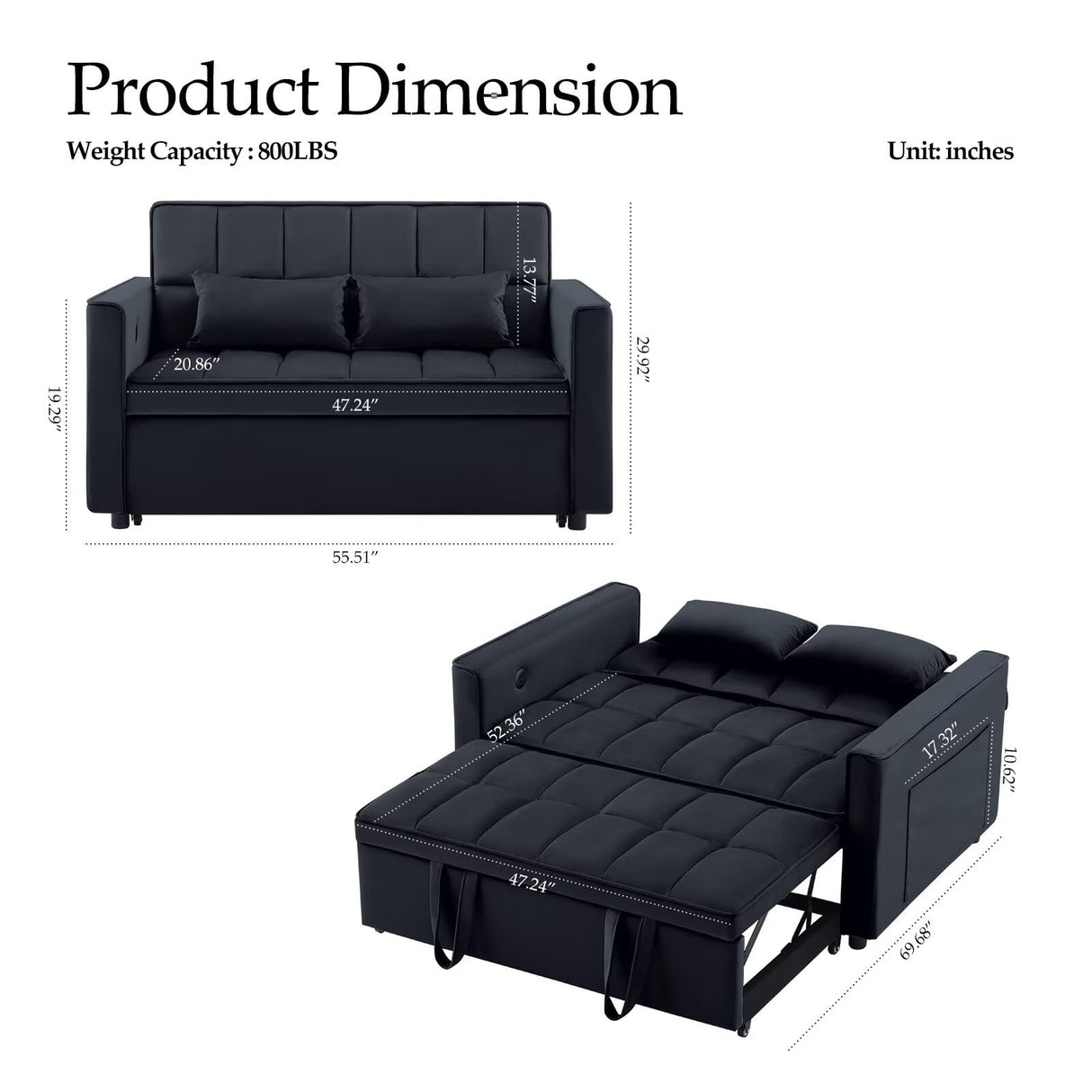 POYISOU Modern 3 in 1 Convertible Sleeper Sofa Couch Bed with USB, Adjustable Backrest Velvet Pull Out Sofa Bed, Loveseat Sleeper Couch, Couches for Living Room, Bedroom, Apartment, Black POYISOU