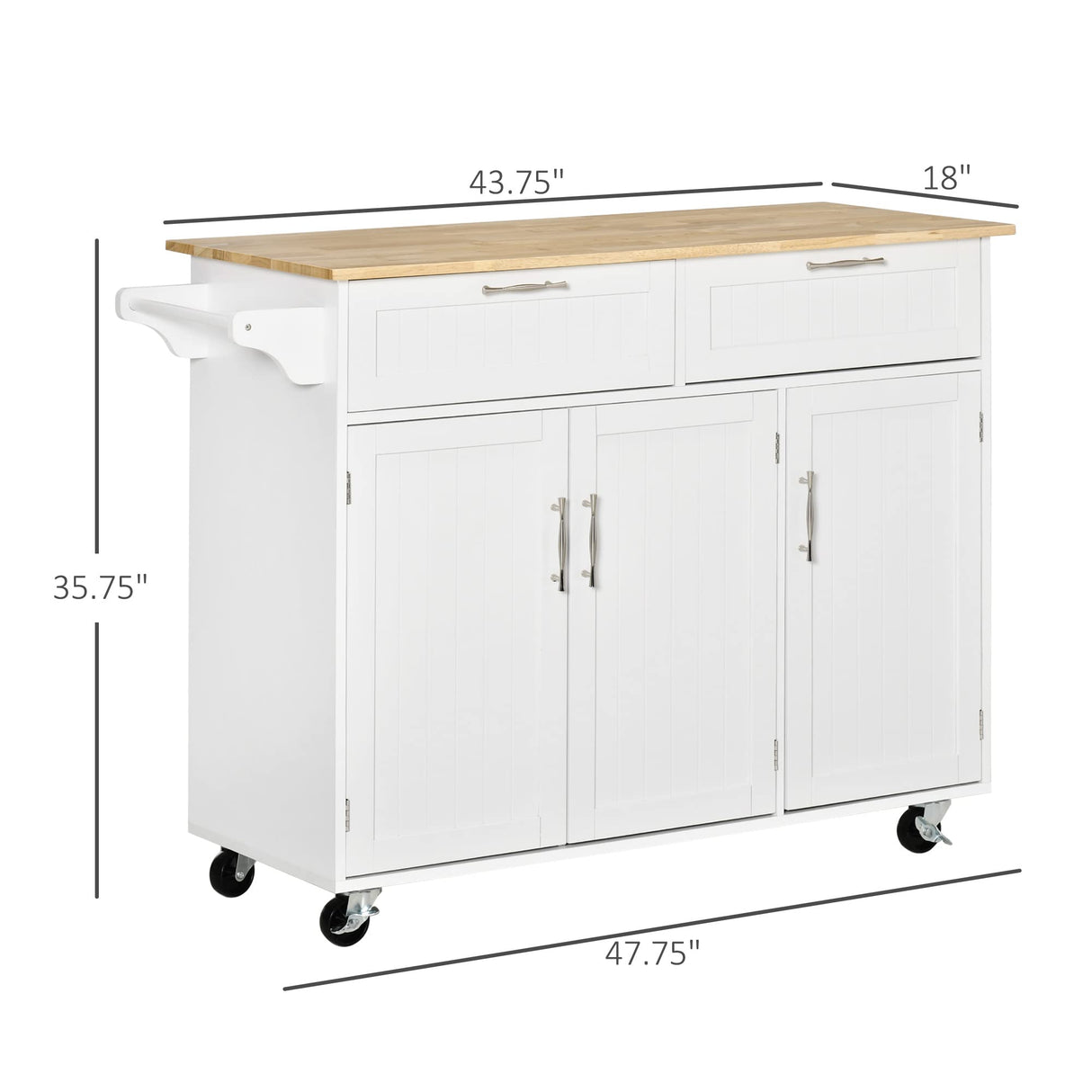 HOMCOM Mobile Kitchen Island with Storage, Kitchen Cart with Wood Top, Storage Drawers, 3-door Cabinets, Adjustable Shelves and Towel Rack, White HOMCOM