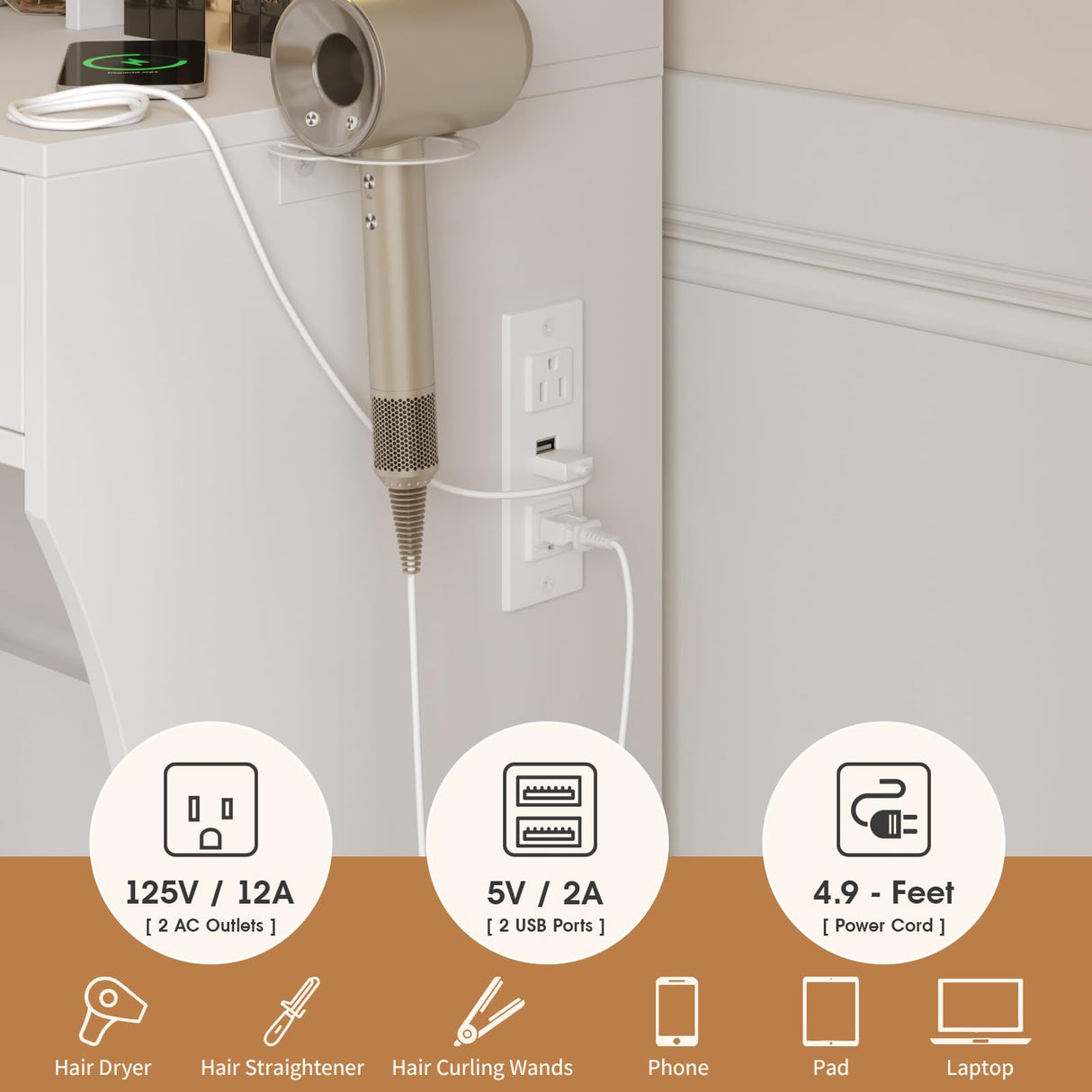 Fameill Vanity Desk with Mirror and Lights, White Makeup Vanity with 3 Color Lighting & 2 Large Drawers, Small Vanity with Charge Station and Stool, Vanity Set with Hidden Sliding Jewelry Cabinet Fameill