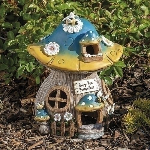 Roman Busy Bee Bungalow Mushroom House Statue, 8.75-inch Height, Resin, Home, Garden, Outdoor Roman