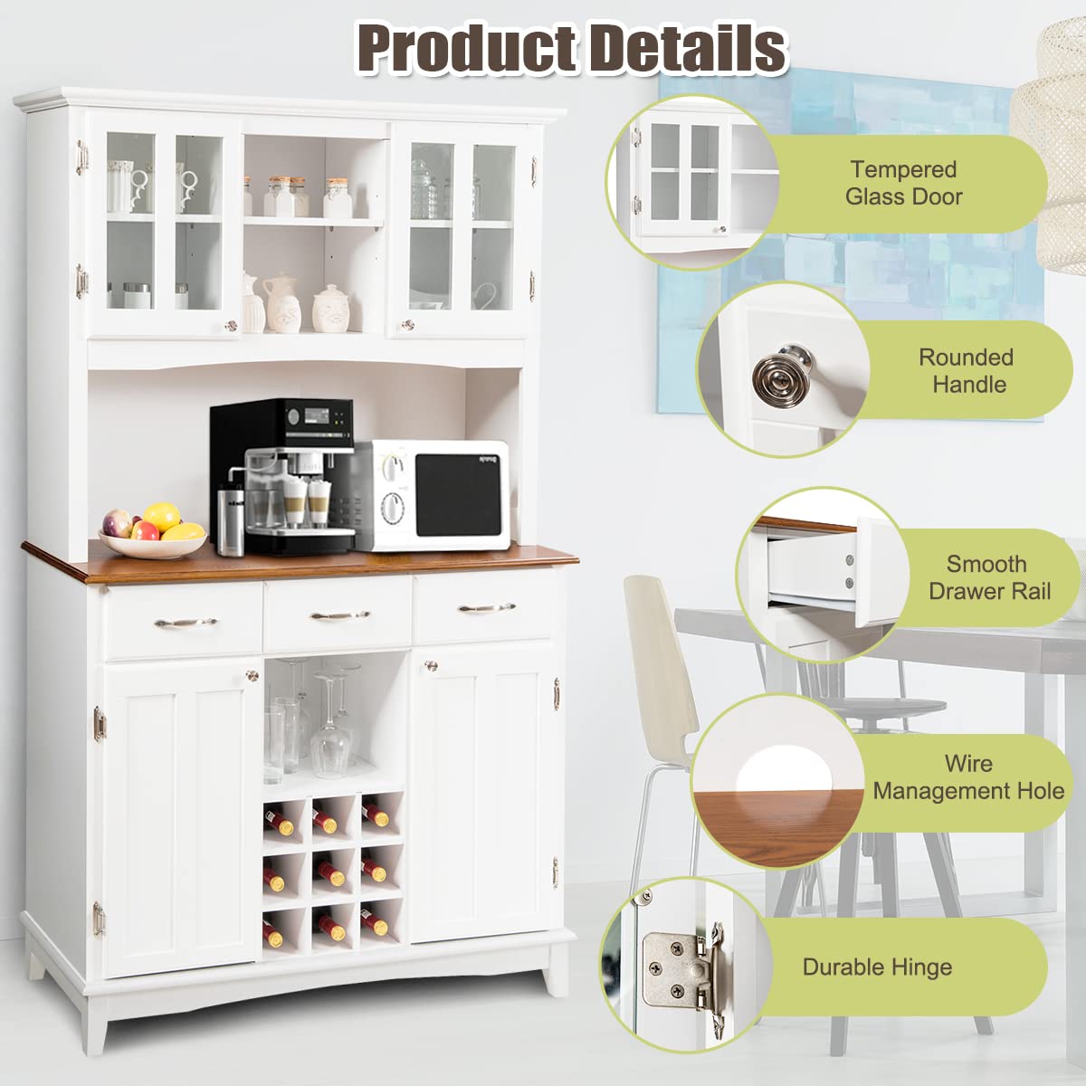 COSTWAY Kitchen Hutch Storage Cabinet, Freestanding Pantry Buffet Sideboard, Modern Buffet Cupboard w/Wine Rack, Adjustable Shelves, Tempered Glass Cabinets, Drawers, Microwave Stand (White) COSTWAY