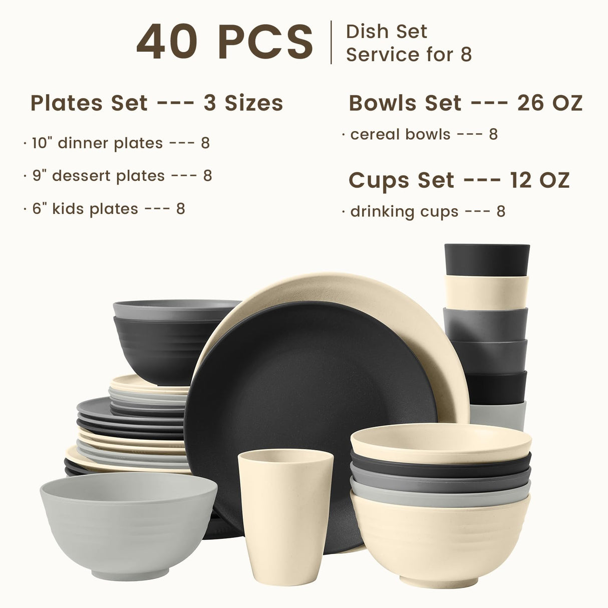 Homienly Kitchen Wheat Straw Dinnerware Set 40 PCS - Dinner Plates, Cereal Bowls, Wheat Straw Cups Set, Microwave and Dishwasher Safe Dishes Set, Unbreakable Dish Set for Party, Outdoor(Grey Stone) Homienly