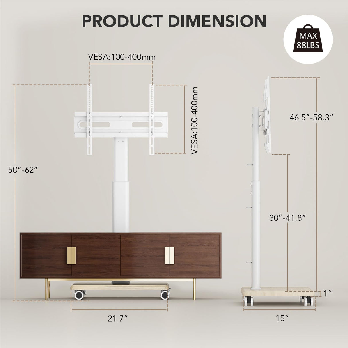Mobile TV Stand for 27 to 65 Inch TVs, Portable Rolling TV Cart on Wheels, Tall Universal Floor Stands with Swivel Mount, Height Adjustable Sleeking Standing Mount Fit Corner, Bedroom, Outdoor AX WABER