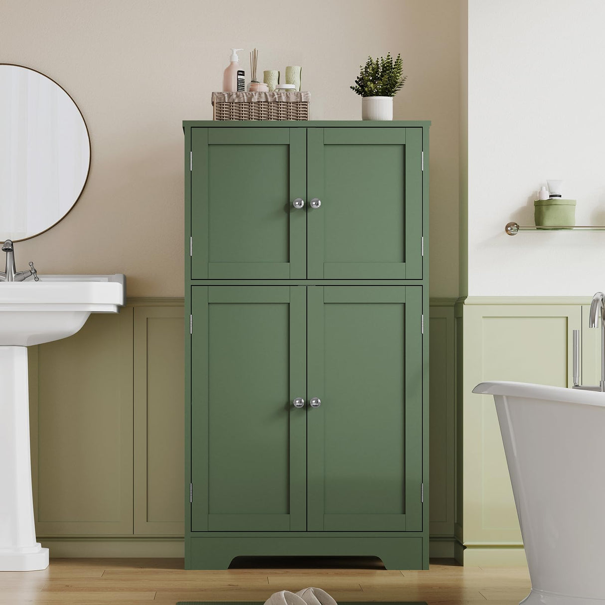 TEENFON Bathroom Floor Storage Cabinet, Freestanding Bathroom Cabinet with 4 Doors & 2 Adjustable Shelves, Cupboard, Floor Cabinets for Living Room, Entryway, Office, Forest Green TEENFON
