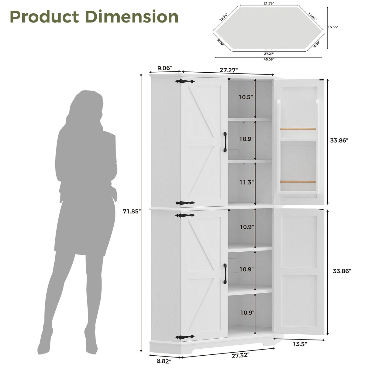 IRONCK Corner Cabinet, 72" Kitchen Pantry Cabinet, 6-Tier Freestanding Farmhouse Pantry with 4 Adjustable Shelves, 240°Swivel Doors, 2 Doors Storage, Spacious Hutch for Kitchen, Living Room, White IRONCK