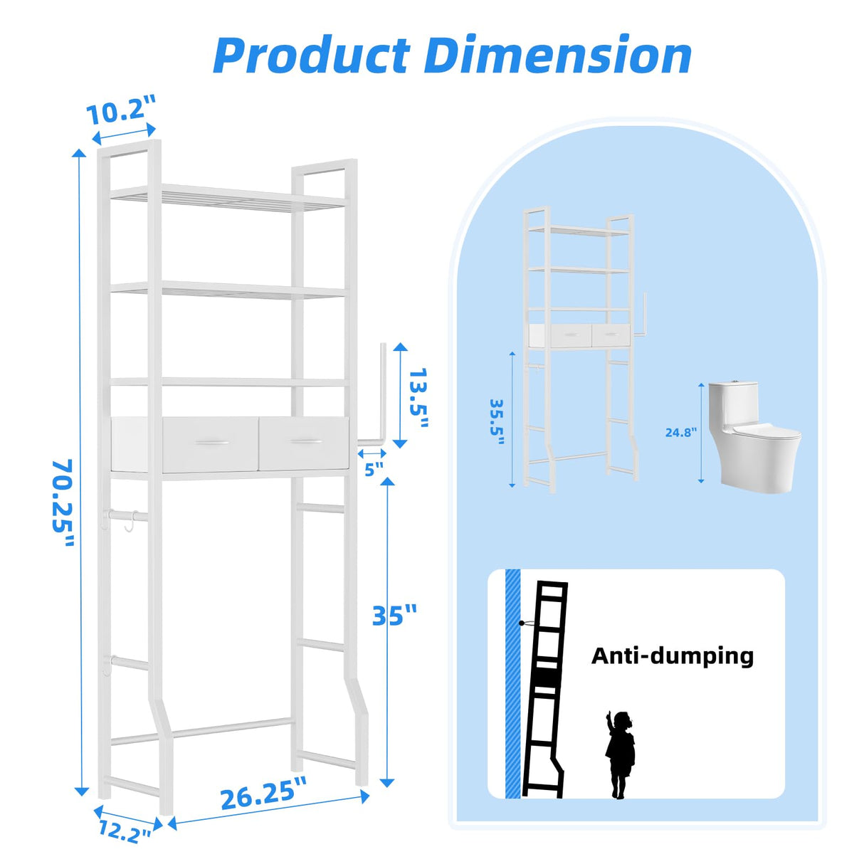 Simple Trending 4 Tier Over The Toilet Storage with Drawers, Heavy Duty Bathroom Stand Organizer Metal Shelves for Laundry, White Simple Trending