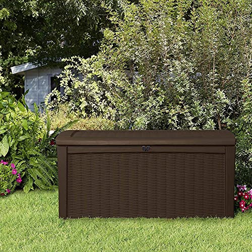 Keter Borneo 110 Gallon Resin Backyard Deck Box, Lockable Patio Storage Bench and Outdoor Poolside Accessory Organizer, Brown Keter