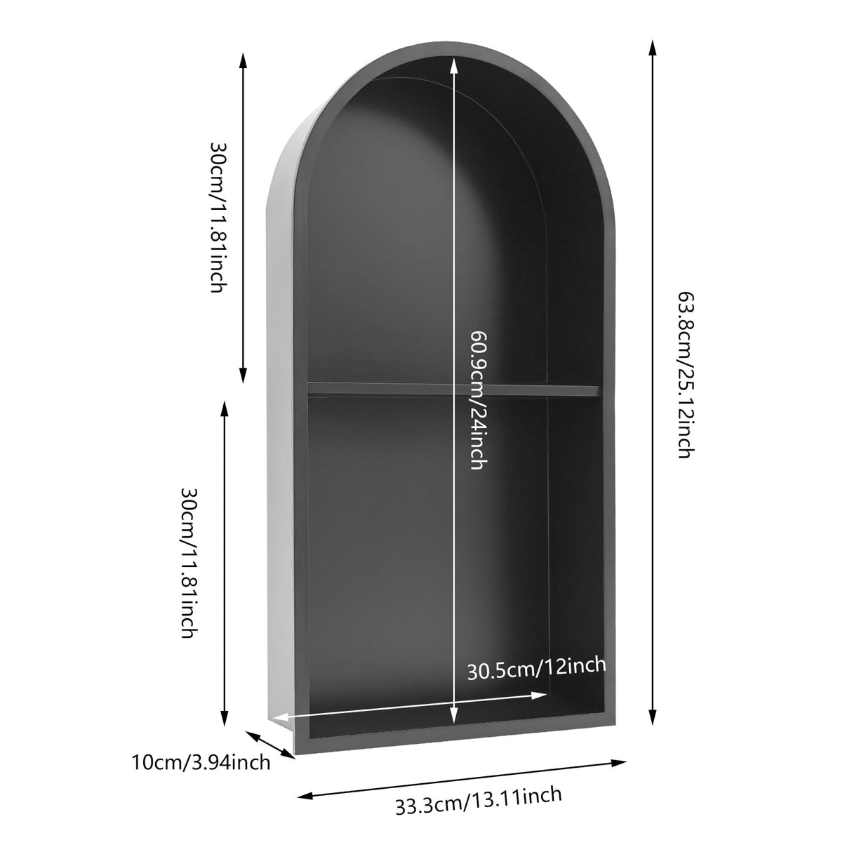 Stainless Steel Shower Niche 12" X 24", Recessed Wall Niche Arched for Shower Wall, No Tile Needed Bathroom Arched Niche Double Shelves Recessed Shower Shelf (Black) WPORDE